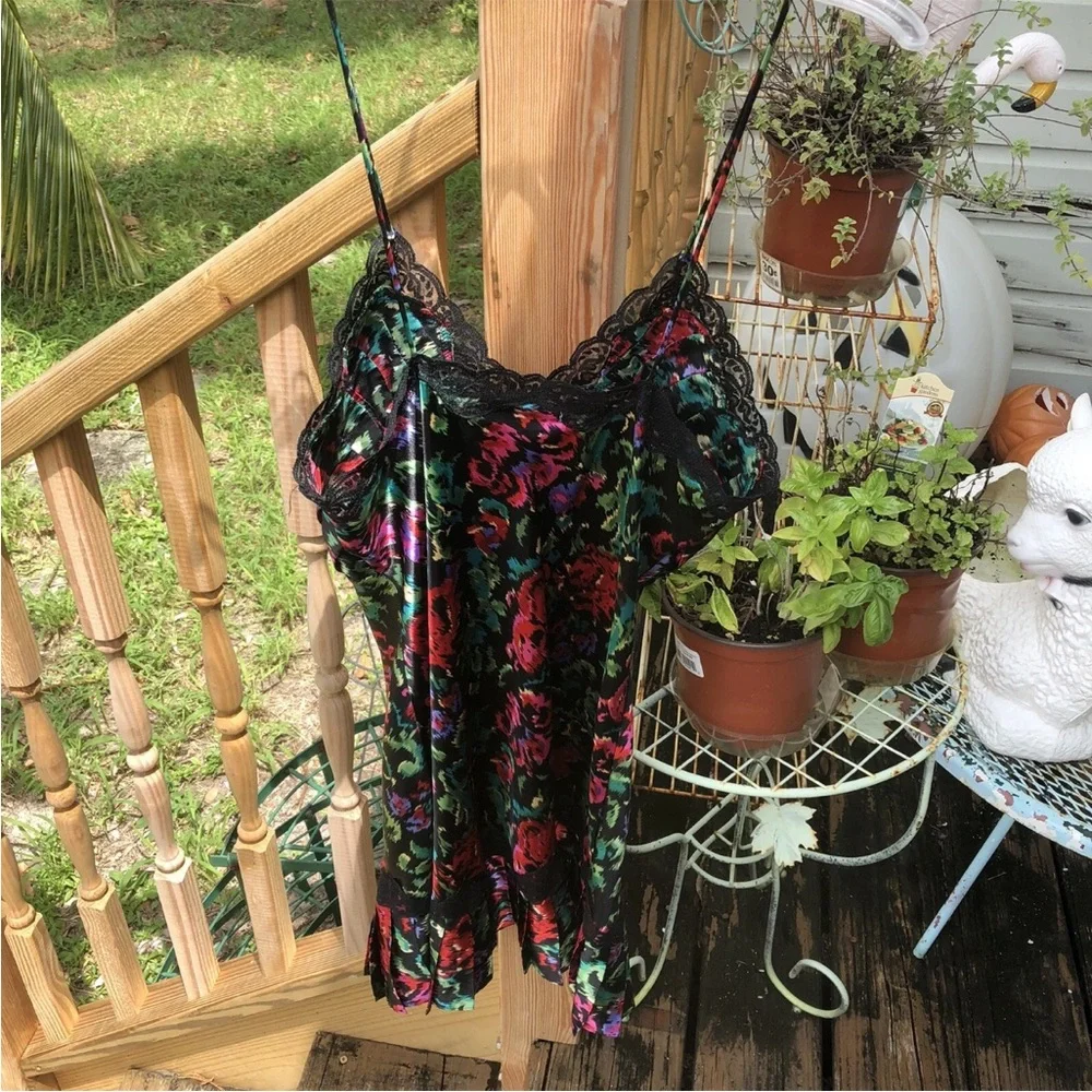 Victorias Secret Lingerie Satin Slinky Black Floral Lace Slip S Vintage 80s 90s